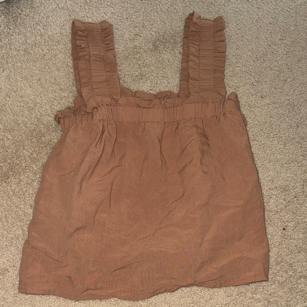 Ruffled Tan Sleeveless Blouse